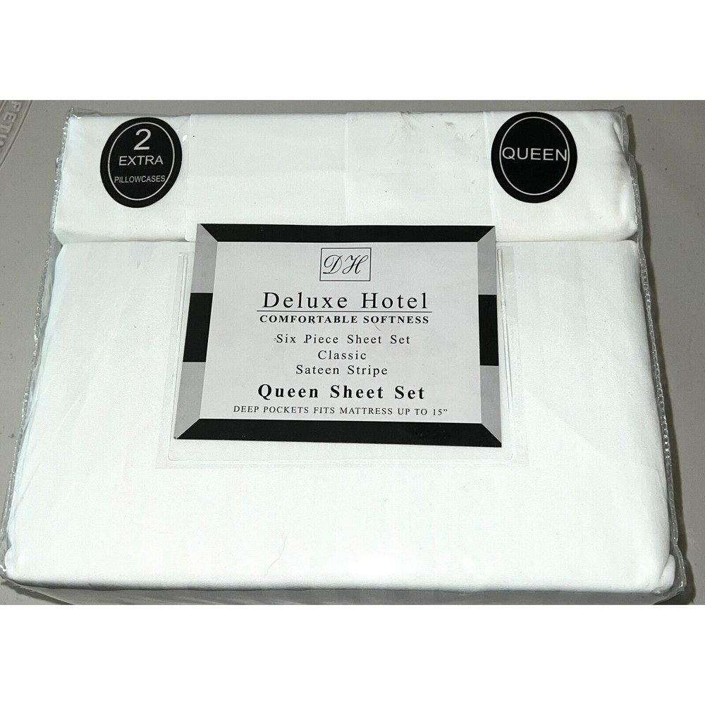 NEW Deluxe Hotel White Queen 100% Polyester Sateen Stripes Sheet Set